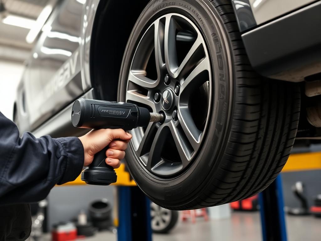 Ammattilainen vaihtaa autonrengasta työpajassa